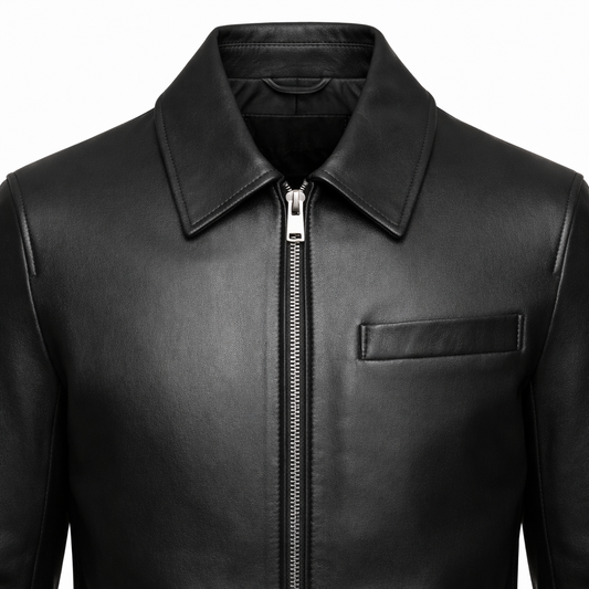 Men's shirt collar black leather jacket