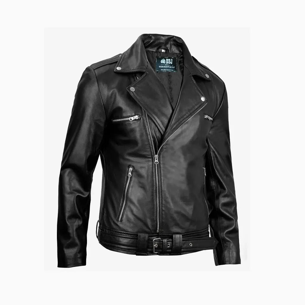 Negan Men's Black Asymmetrical Belted Biker Style Leather Jacket