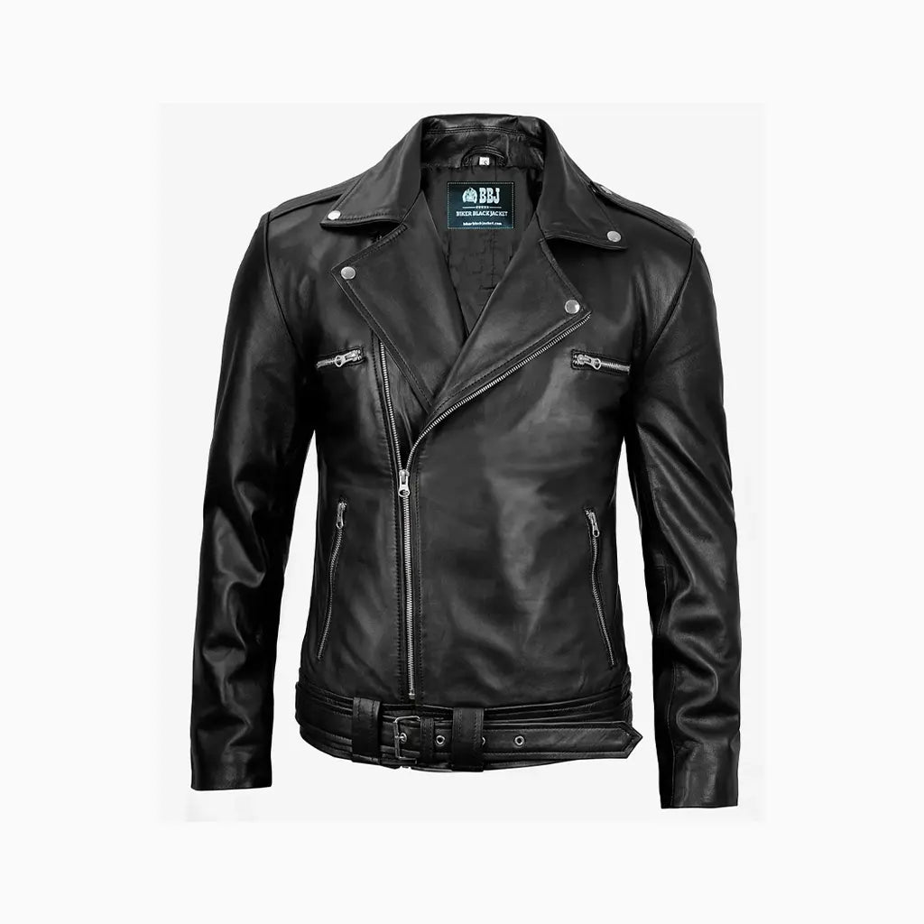 Negan Men's Black Asymmetrical Belted Biker Style Leather Jacket
