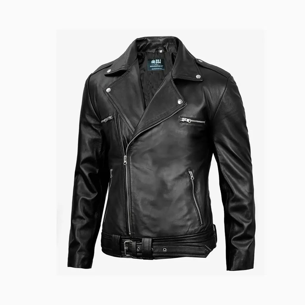 Negan Men's Black Asymmetrical Belted Biker Style Leather Jacket