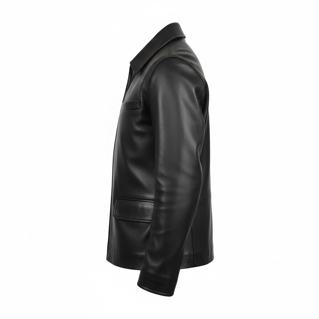 Men's shirt collar black leather jacket
