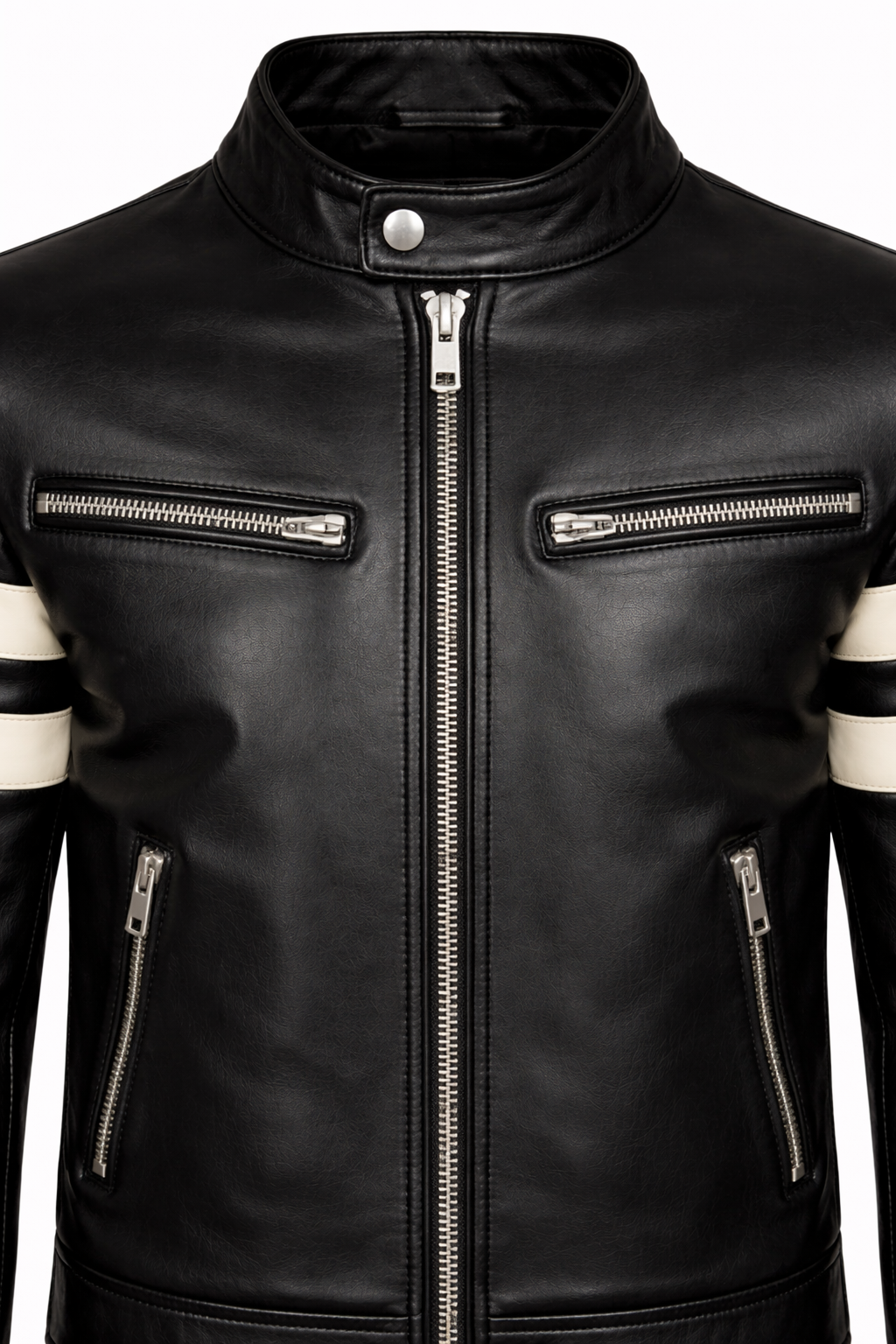 Men’s Leather Biker Jacket Black Stripes