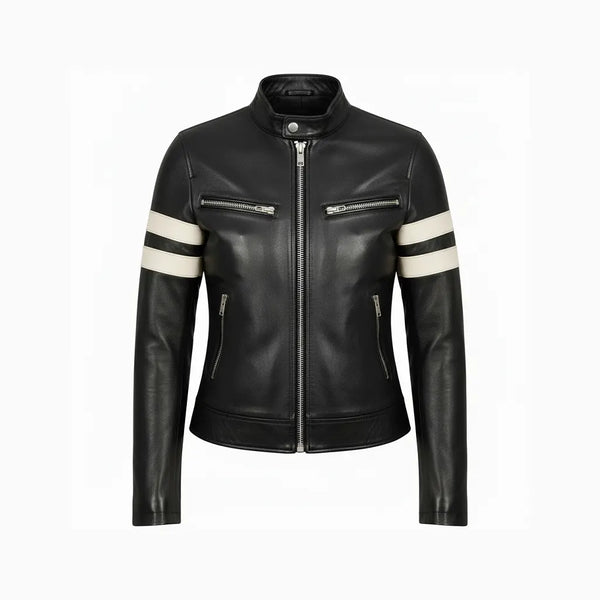 Black leather cafe racer jacket for women