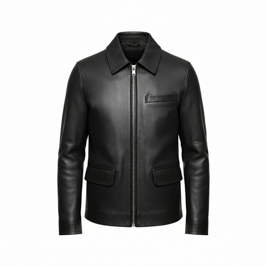 Men's shirt collar black leather jacket