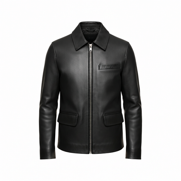 Men's shirt collar black leather jacket