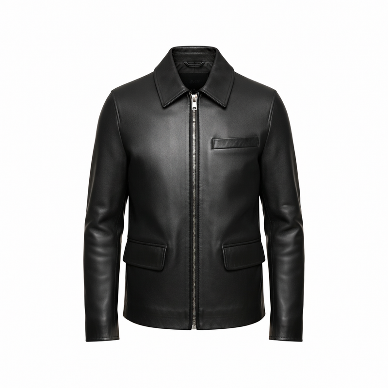 Men's shirt collar black leather jacket