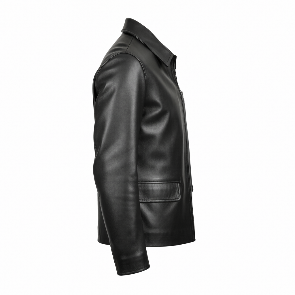 Men's shirt collar black leather jacket