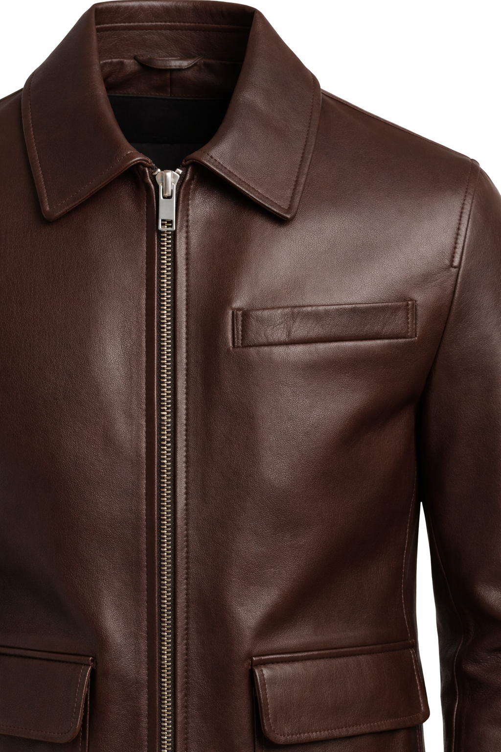 Men's shirt collar brown leather jacket