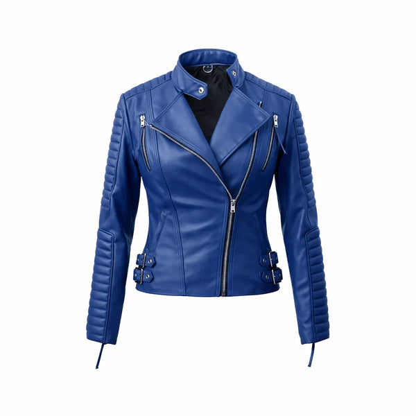 Blue Women Ladies Brando Style Synthetic Leather Jacket