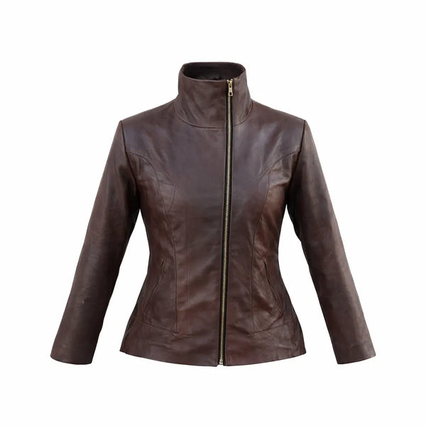 Brown Women Ladies Fashion Premium Genuine Leather Jacket