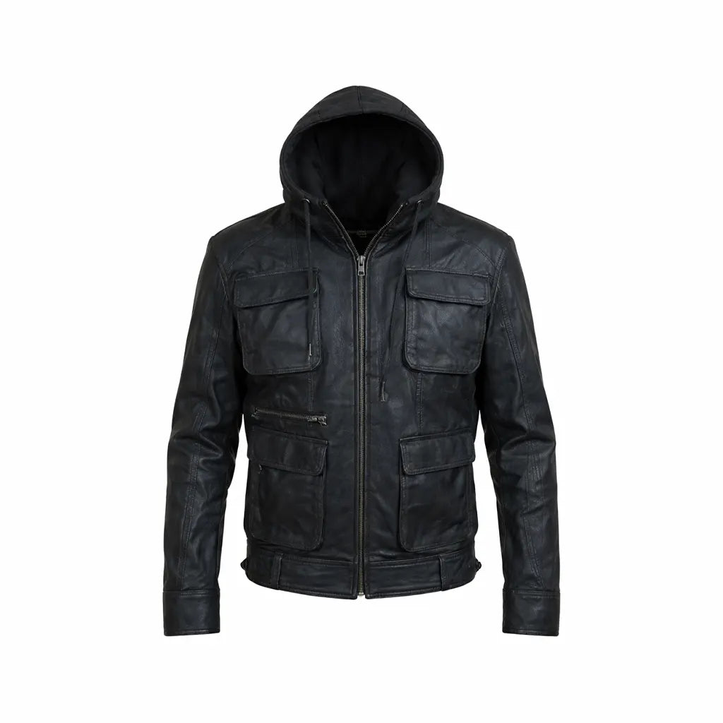 Men Black Fashion Hooded Premium Genuine Leather Jacket Front