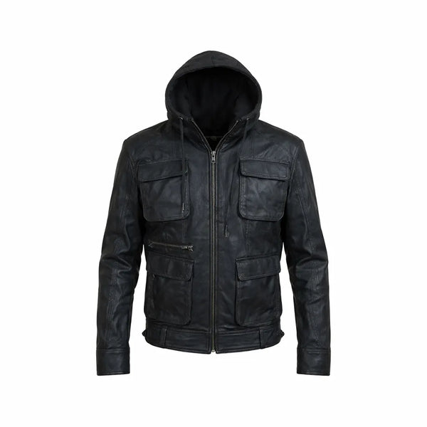 Men Black Fashion Hooded Premium Genuine Leather Jacket Front