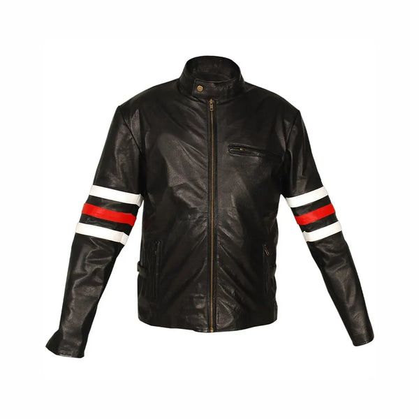 Men Black Premium Genuine Leather Jacket with White & Red sleeve rings