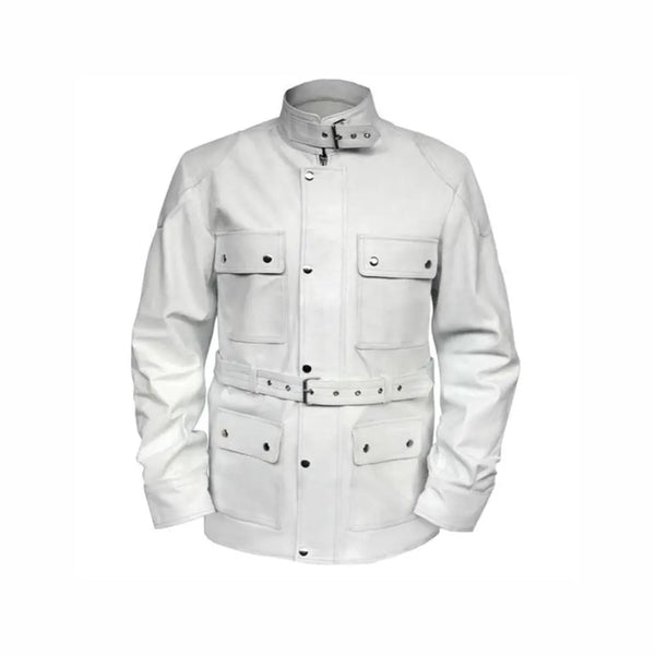 Men White Belted Genuine Leather Jacket