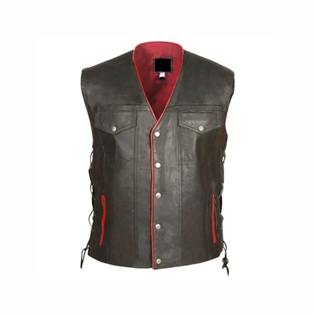 Mens Black Genuine Leather Vest with Red Lining Front