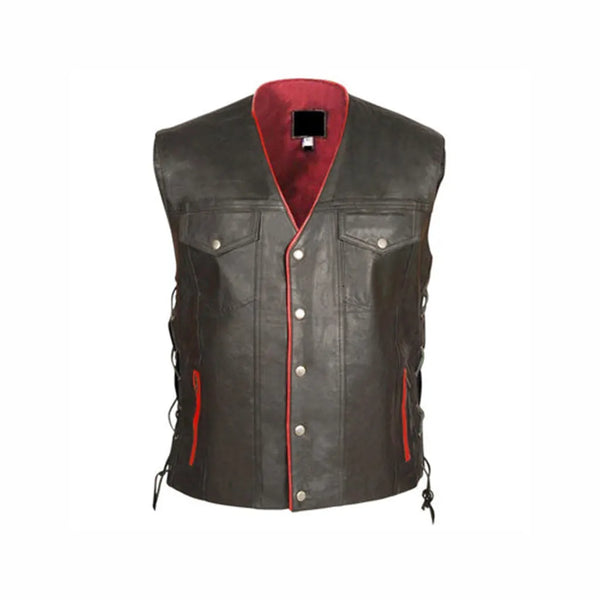 Mens Black Genuine Leather Vest with Red Lining Front