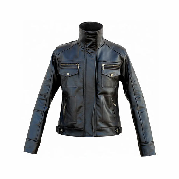 Men Long Collar Black Premium Genuine Leather Jacket