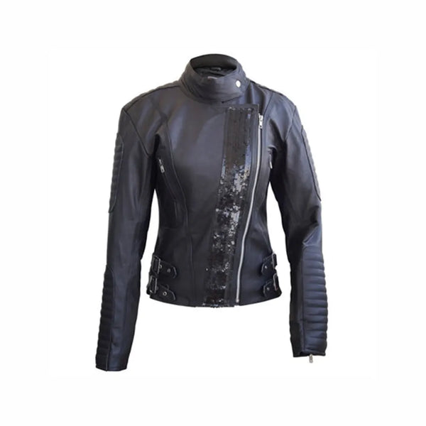 Women Black Genuine Leather Jacket with Black Stars Front