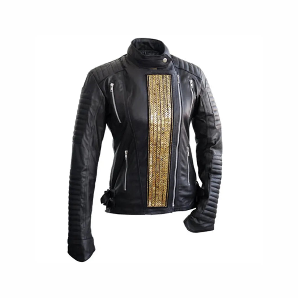 Women Black Genuine Leather Jacket with Gold Stars Front