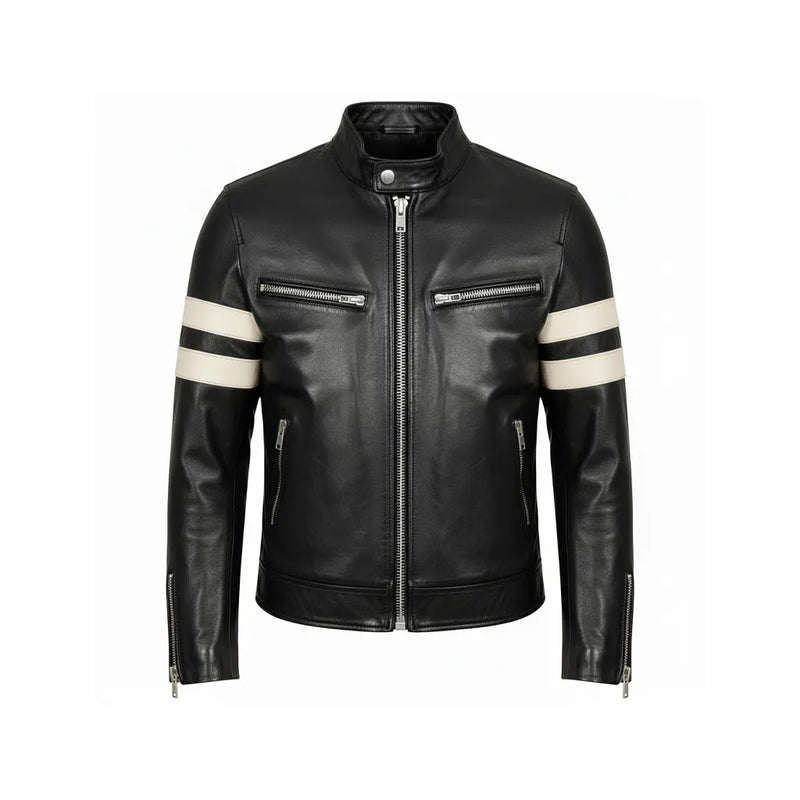 Men’s Leather Biker Jacket Black Stripes