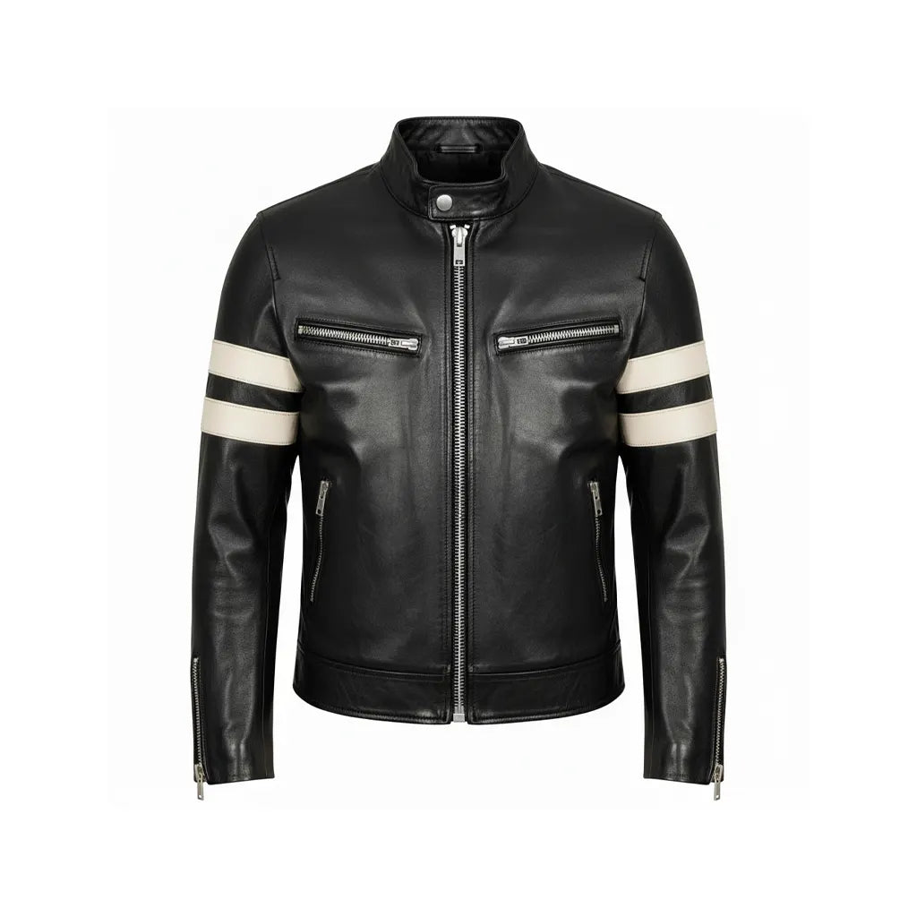 Men’s Leather Biker Jacket Black Stripes
