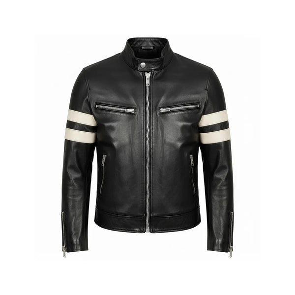 Men’s Leather Biker Jacket Black Stripes