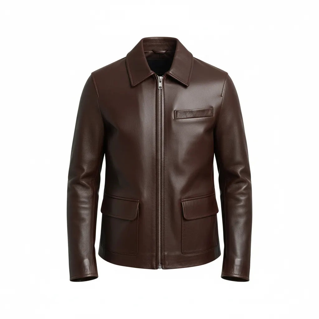 Men's shirt collar brown leather jacket