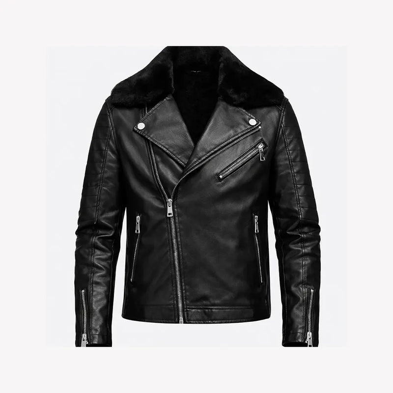 Mens Leather Biker Jacket With Fur Collar