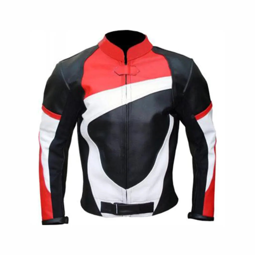 Red Motorcycle Biker Genuine Leather Jacket With Black and White Stripes