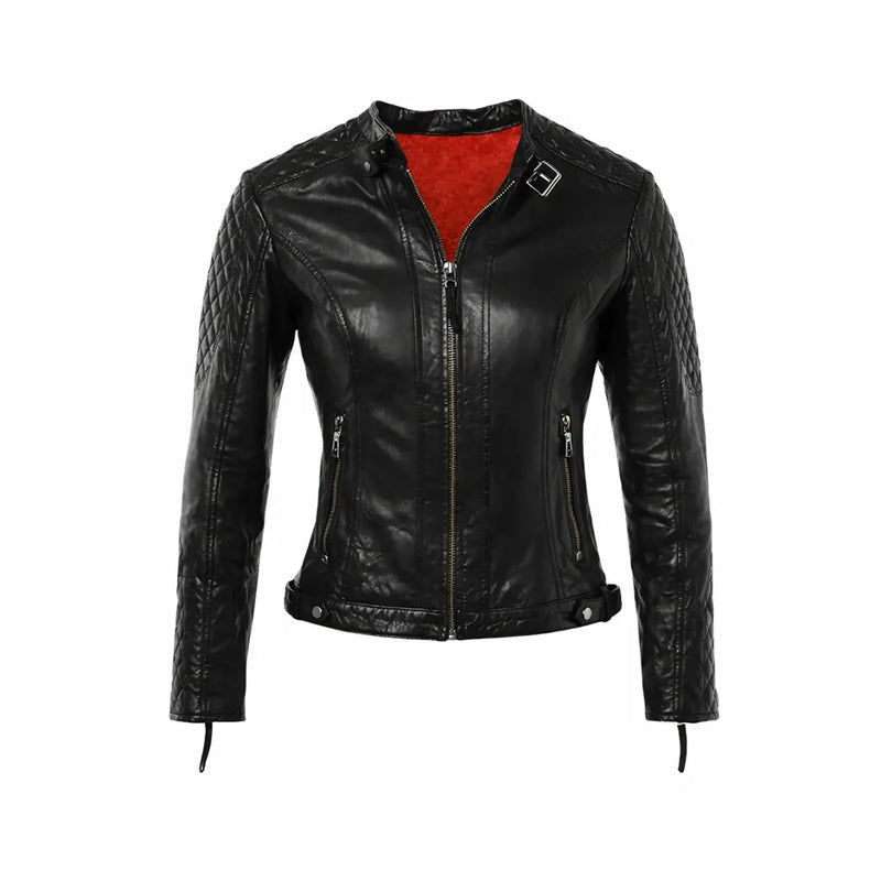 Short Quilted Shoulder Leather Jacket Black