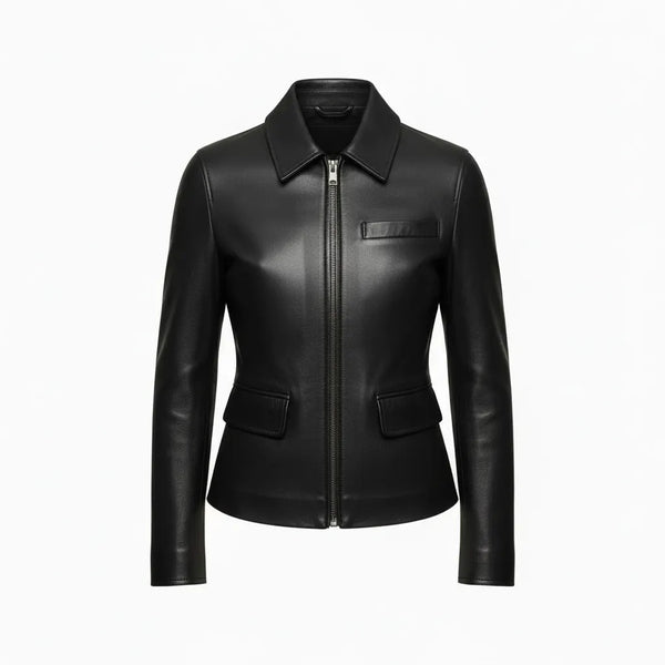 Women’s black leather jacket with collar