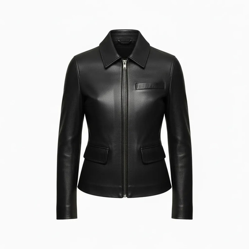 Women’s black leather jacket with collar