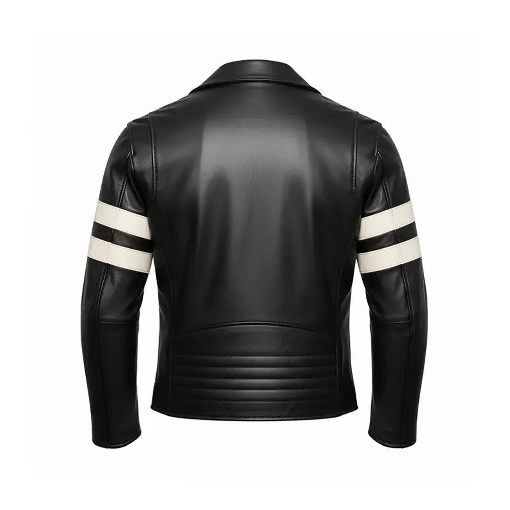 Men’s Leather Biker Jacket Black Stripes