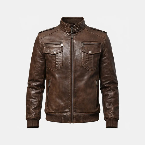 Men’s Brown Bomber Leather Jacket with Rib Collar
