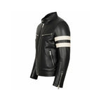 Men’s Leather Biker Jacket Black Stripes