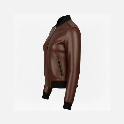 Ladies Bomber Leather Jacket Brown Waxed Style