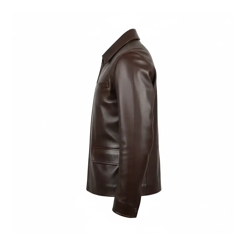 Men's shirt collar brown leather jacket