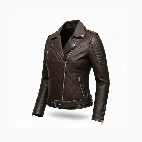 Women's quilted brown leather biker jacket