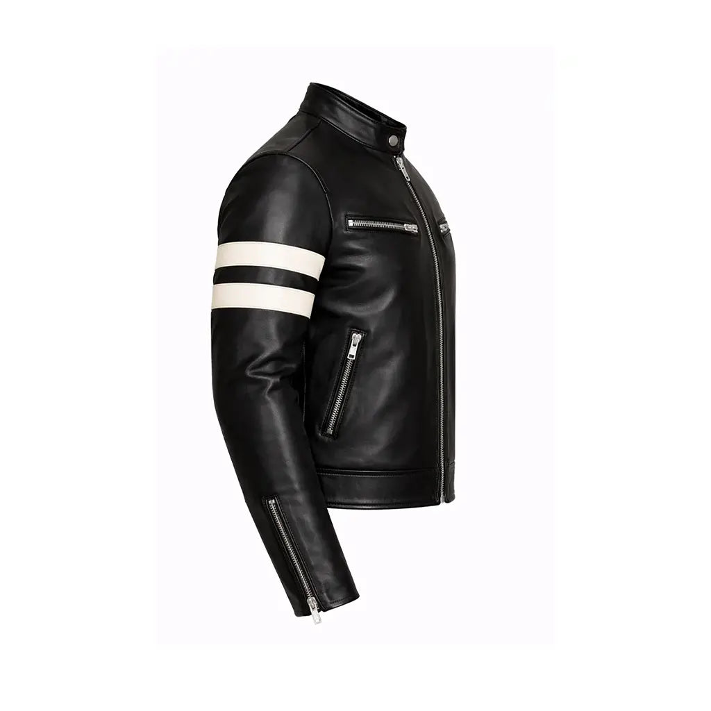 Men’s Leather Biker Jacket Black Stripes