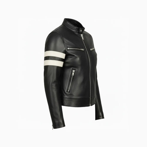 Black leather cafe racer jacket for women