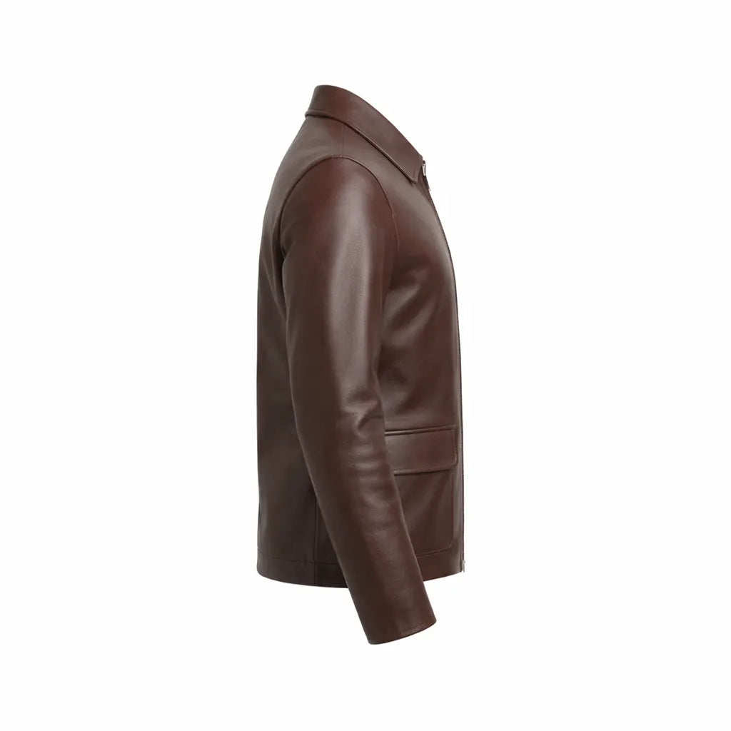 Men's shirt collar brown leather jacket