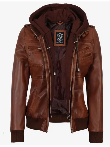 Women's Cognac Leather Bomber Jacket .
