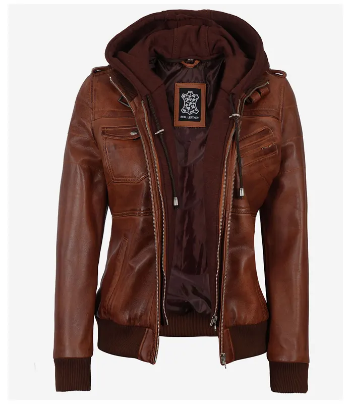 Women's Cognac Leather Bomber Jacket .