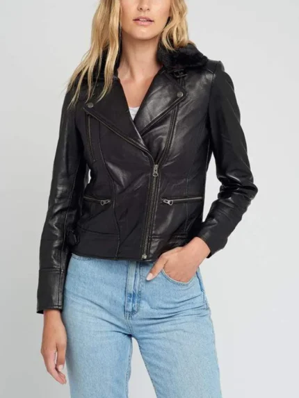 Shearling Fur Collared Biker Leather