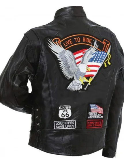 American Eagle Logo Live to Riding Black Leather Jacket back