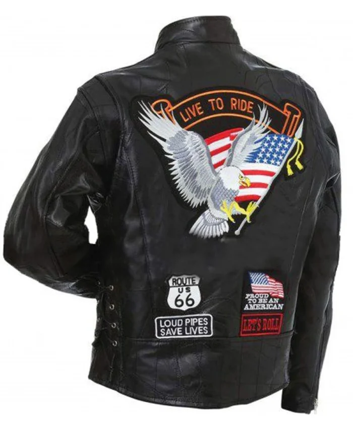 American Eagle Logo Live to Riding Black Leather Jacket back