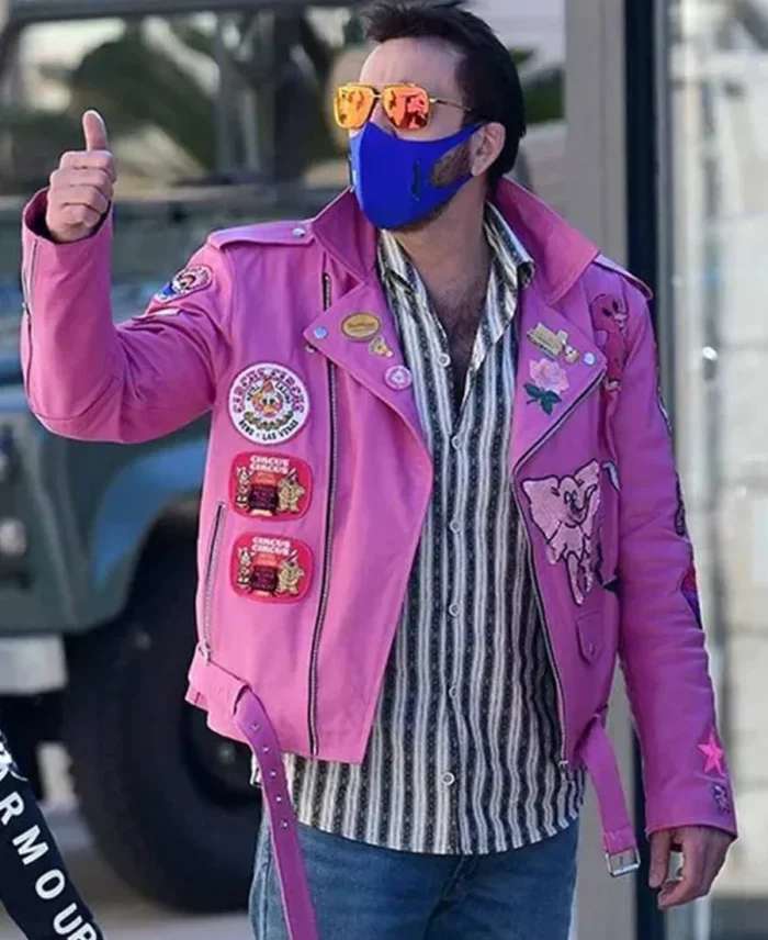 Nicolas Cage Pink biker Leather Jacket front