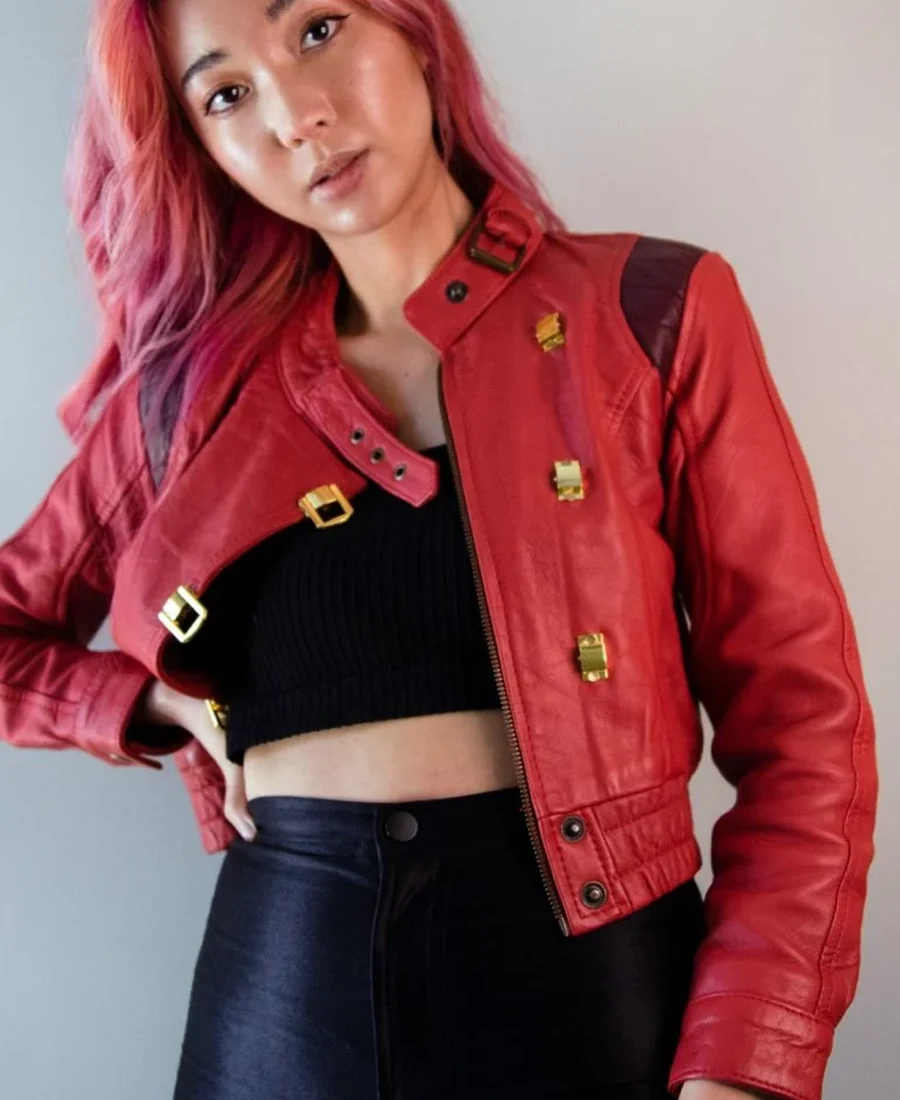 Women's Akira Kaneda Red Leather Crop Top Jacket front