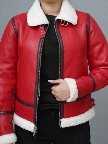 Womens Bomber Style Fauq Shearling Red Leather Jacket front