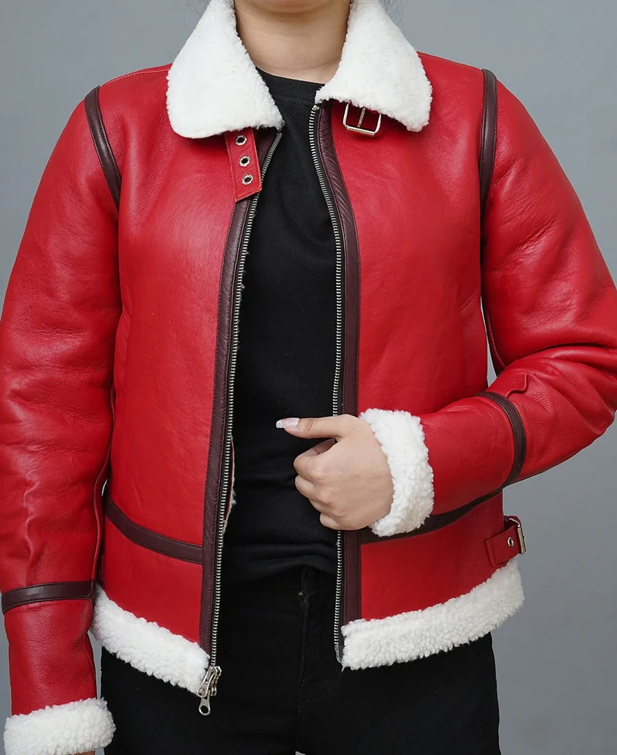 Womens Bomber Style Fauq Shearling Red Leather Jacket front